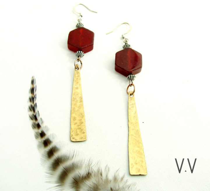 Red Jade Hexagon Gemstone Earrings || Hammered Brass