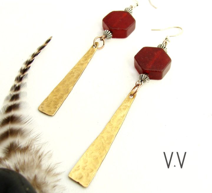 Red Jade Hexagon Gemstone Earrings || Hammered Brass